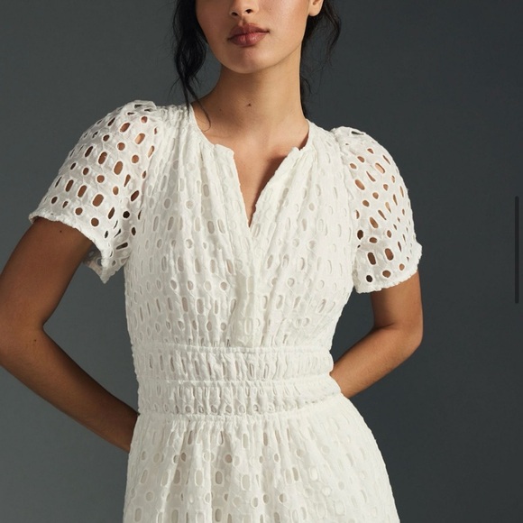 Anthropologie Maeve White Eyelet Puff Sleeve Smocked Waist Mini Dress Size 0 - Picture 2 of 15